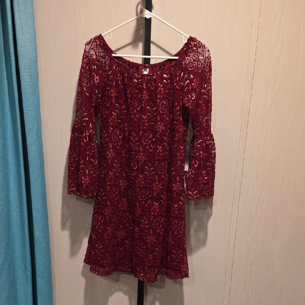 (J45) Honeyme Burgundy Lace Long Sleeve Mini Dress Sz S